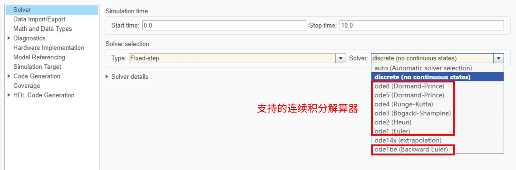 支持的 Simulink 连续积分解算器