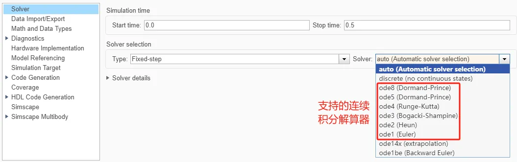支持的 Simulink 连续积分解算器